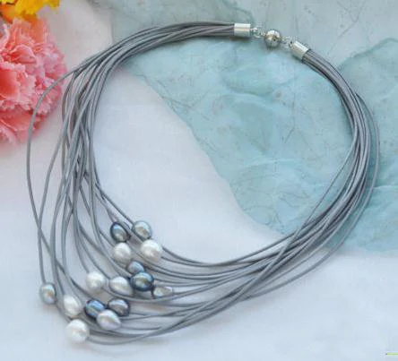 

Leather Pearl Jewellery,15 Strands 10-13mm White Black Gray Freshwater Pearl Leather Necklace,17-20inches Magnet Clasp