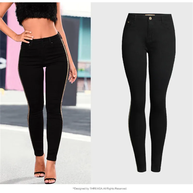 Женские повседневные джинсы 2018 блестящие модные эластичные черного цвета|Узкие