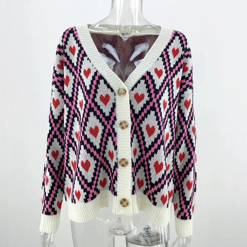 Harajuku Heart Plaid Knitted Cardigans Women 2019 Autumn Winter Solid Loose Jumper Knitwear Fashion Cozy Warm Streetwear Femme |