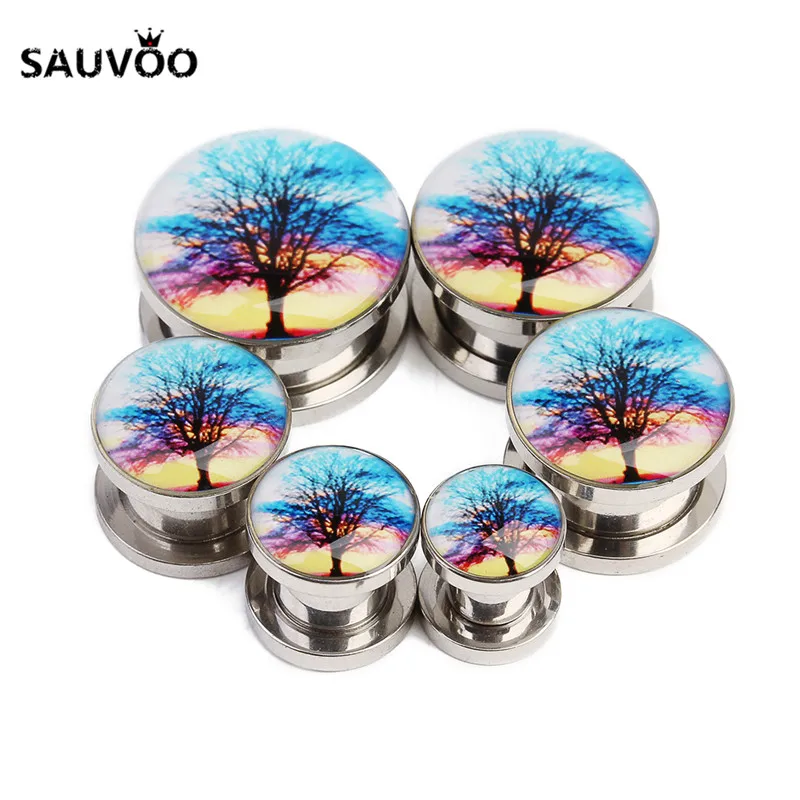 Туннель для пирсинга Sauvoo 2 шт./лот из нержавеющей стали с рисунком розового цветка