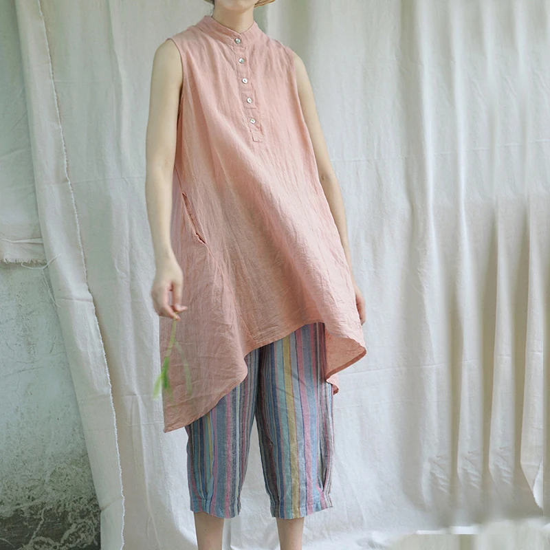 Johnature 2021 Summer New Stand Women Solid Color Shirt Dress Button Sleeveless Clothes Vintage Casual Cotton Linen Vest Dresses | Женская