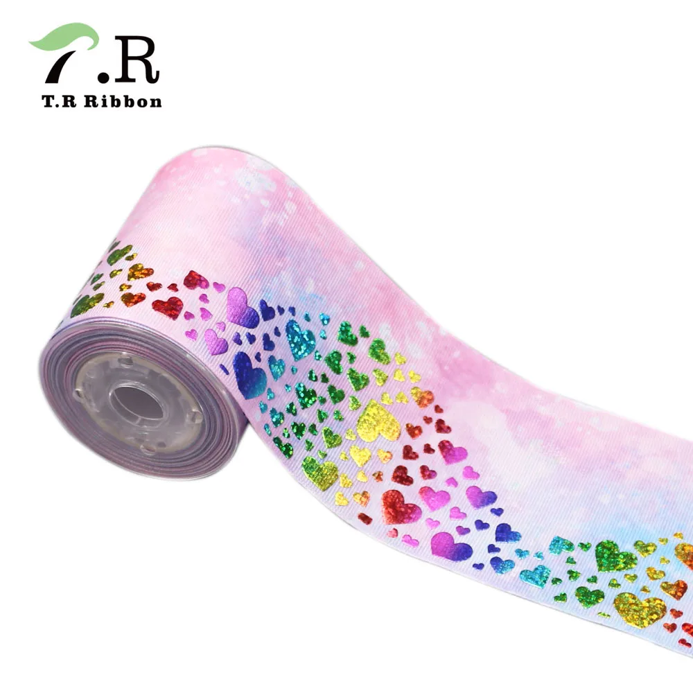 Лента T.R 75 мм радужные сердечки из фольги волнистые ленты для бантов| |