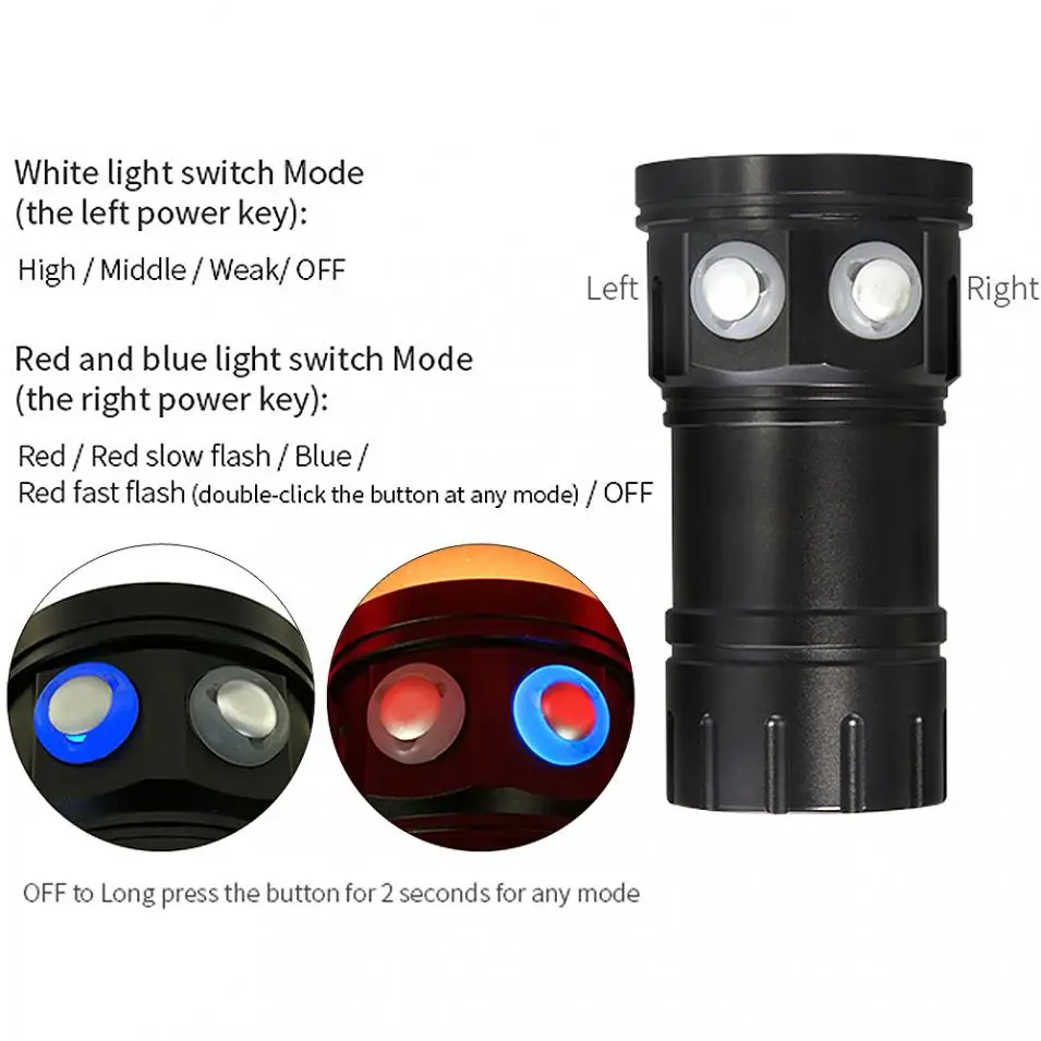 

QH18 120W 12000LM LED Diving Torch Flashlight 7 Modes White XML2 + XPE Red Blue R5 LED Underwater 80m Scuba Canister Flash Light