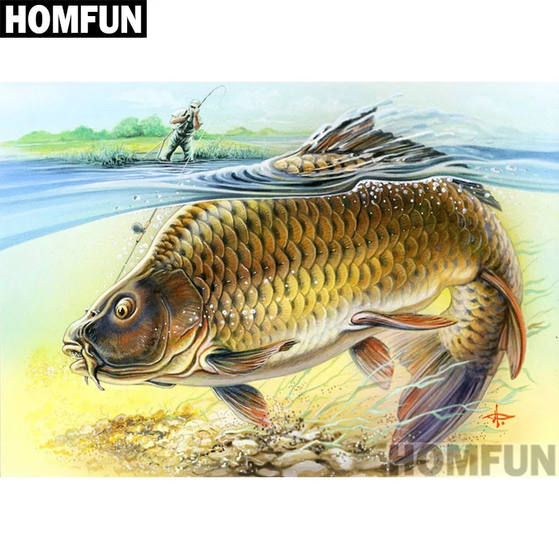Алмазная 5D Вышивка HOMFUN Карп рыба полноразмерная круглая/квадратная алмазная