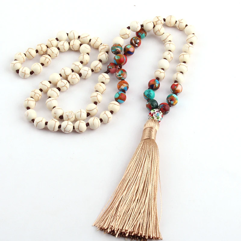 Free Shipping Fashion Long Knotted White Stones Bohemian Tribal Jewelry Green Natural Stone Pendant Necklace | Украшения и