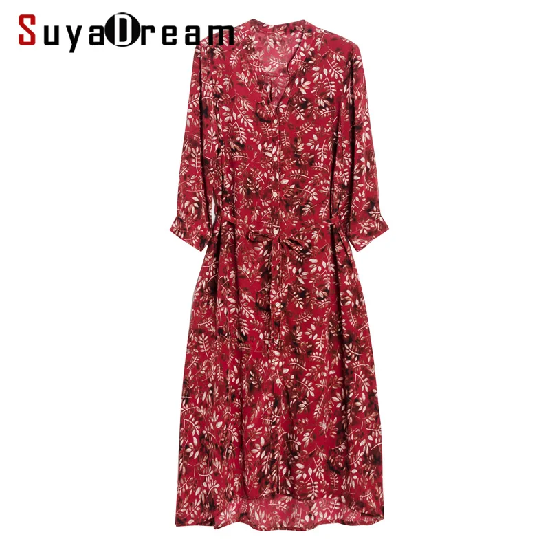 

SuyaDream женское шелковое платье с принтом, 100% шелк, v-образный вырез, Элегантная футболка, платье для женщин, лето 2022, платье миди с поясом, шелко...