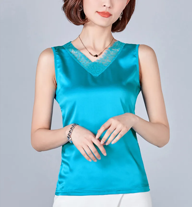 Lace V-Neck Satin Silk Top Sexy Tops for Women Fitness Tank Green Elegant Workwear Women's Sleeveless Plus Size XXXL | Женская