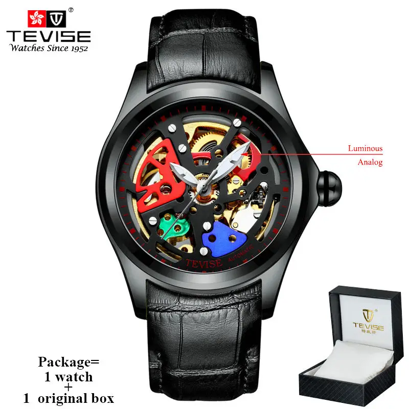 black n box TEVISE, мужские механические наручные часы со скелетом, кожа, античный стиль, стимпанк, часы на каждый день, автоматические, самоходные часы, мужские, Montre Homme - Цвет: black n box