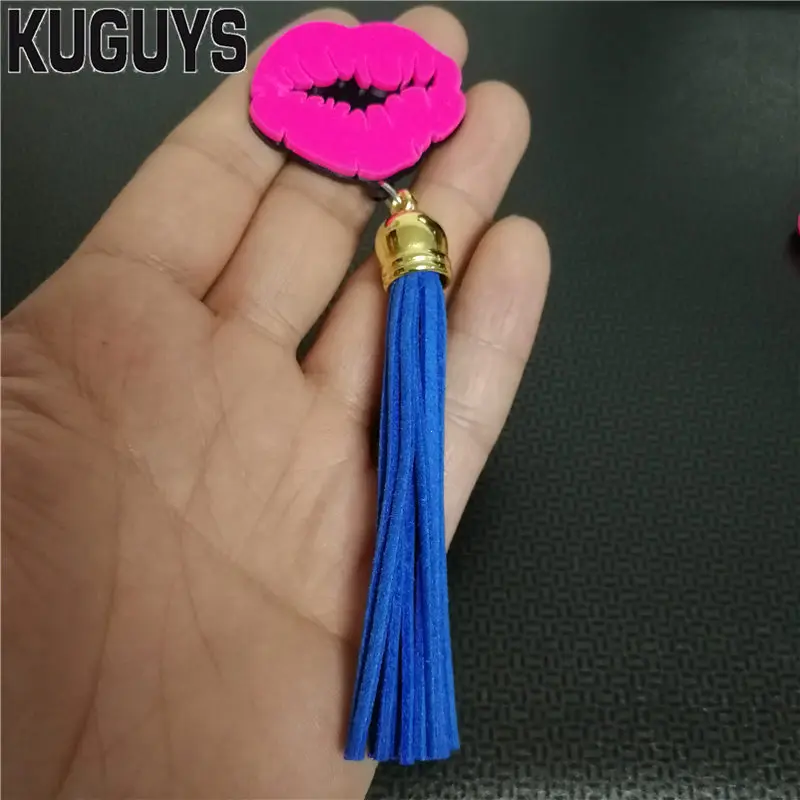 Женские акриловые серьги KUGUYS ярко розовые длинные с кисточками для губ|earrings for