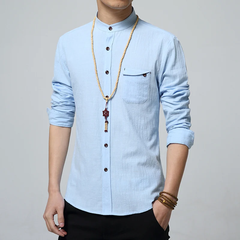 MIACAWOR Cotton Linen Men Shirt New 2018 Stand Collar Casual Male Slim Fit Mens Shirts Long-Sleeve Camisa Hombre 5XL MC250 | Мужская