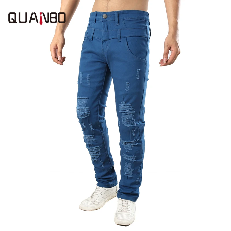 QUANBO/5 цветов мужские Модные Повседневные рваные Стрейчевые джинсы Мужские