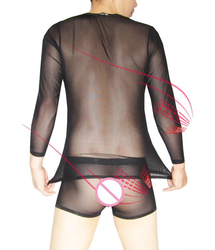 Мужские высокие эластичные сексуальный прозрачный одежда для сна с длинным