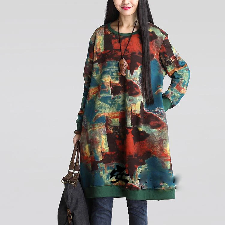 Women Dress Vintage 2018 Spring New Plus Size Clothes Loose Korean Fashion Cotton Robe Print Floral Warm |