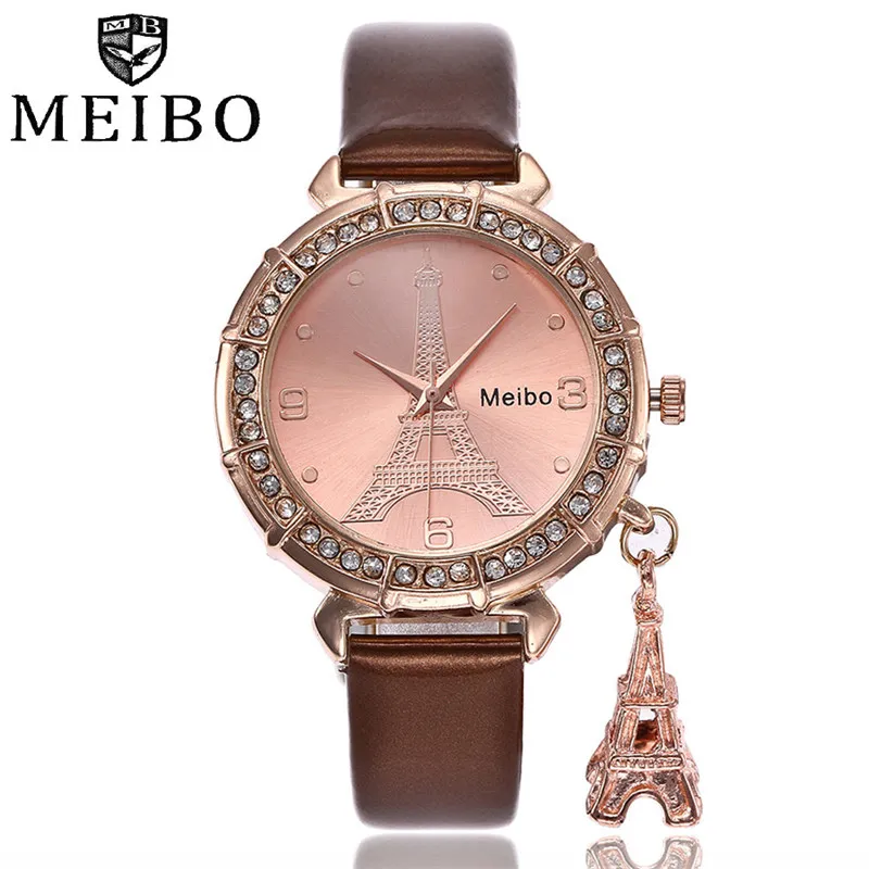 MEIBO женские кожаные Кварцевый механизм с принтом &quotЭйфелева башня&quot Стразы