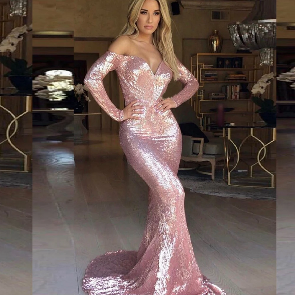 2019 Eelgant Maxi Dark Green Rose-gold blue Sequin Dress New Chic Summer Evening Celebrity Party Vestidos Off The Shoulder | Женская