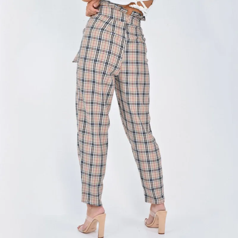 Женские повседневные клетчатые женские с высокой талией красные абрикосовые