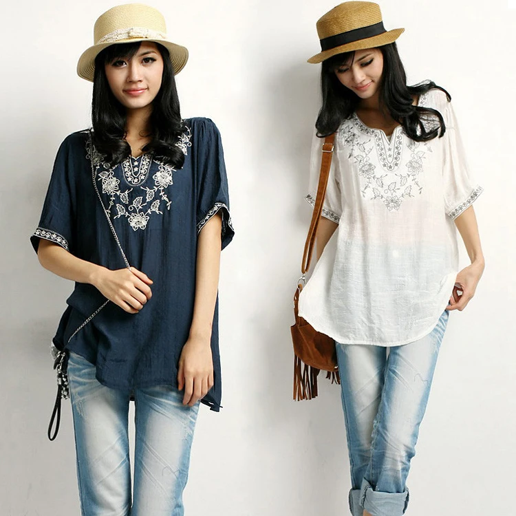 Цветочная вышитая блузка для беременных Винтажная летняя одежда размера плюс