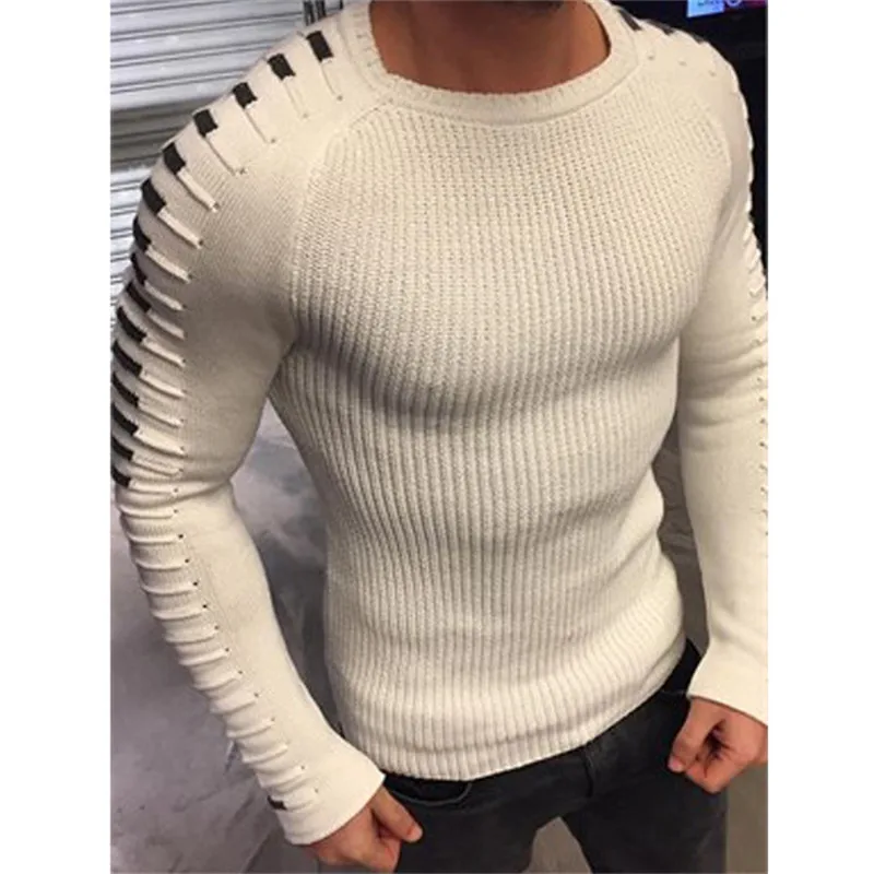 Winter Men Casual Warm Slim Sweater Knitted Striped Long Sleeve Patchwork Pullover Male Elastic Solid Sexy Spring Basic Tops