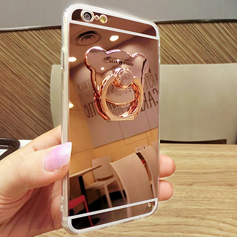 Зеркальный чехол с кольцом-держателем и маленьким медведем для iPhone 11 Pro Max 8 7 6 6S Plus