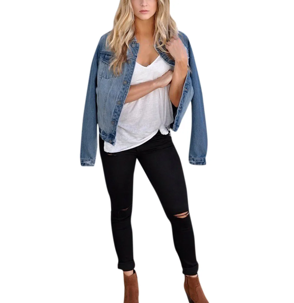 Однотонная джинсовая куртка с отложным воротником для женщин Повседневная