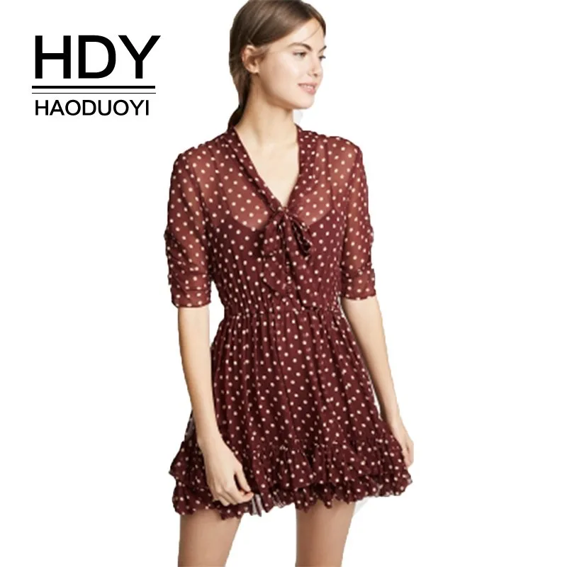 HDY Haoduoyi Новое модное повседневное мини-платье летнее с v-образным вырезом в горошек А-силуэт элегантное Лидер продаж женское повседневное облегающее женское платье