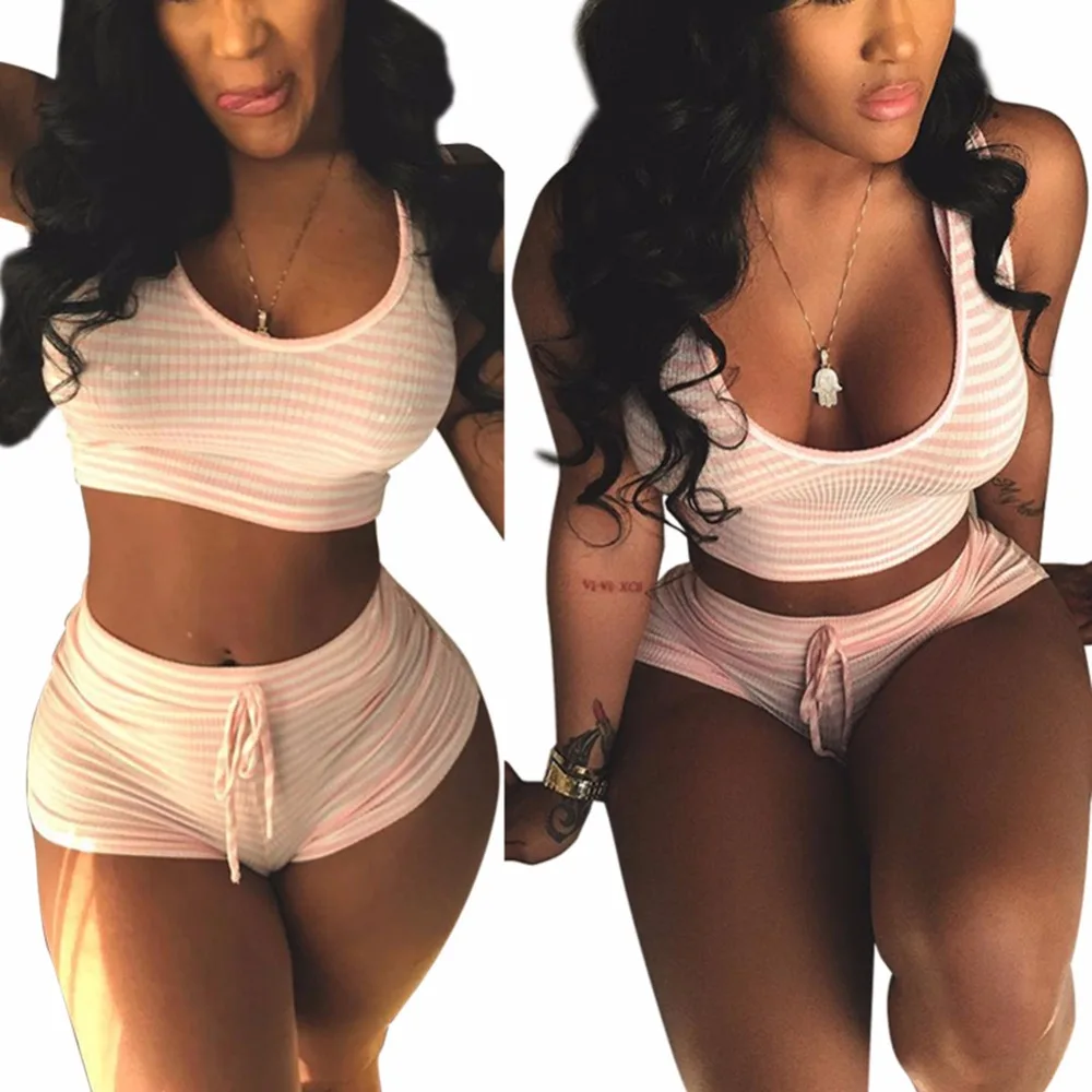 Women Sexy Tracksuit Fitness Beach Suit Crop Top Pant Two Piece Set Pink Womens Striped Vest Short 2 Summer Cropped Outfit | Женская