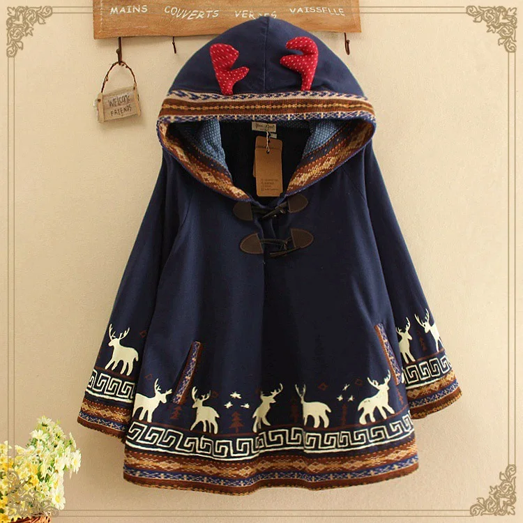 thin blue Японская Мори девушка с капюшоном плащ куртка Лолита мультфильм олень женщины рукав летучая мышь Свободная куртка Лолита утолщенная флисовая куртка пальто - Цвет: thin blue