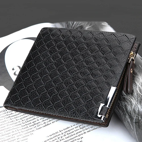 Мужской короткий кожаный кошелек на молнии с рисунком шотландки клатч