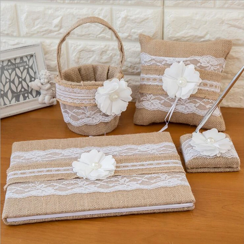 

5Pcs/set jute burlap linen bow Wedding Decor Supplies Ring Pillow Flower Basket Garter Guest Book Pen set bride accessories