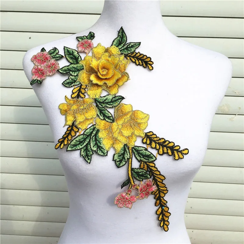 Красно желтая ткань с вышивкой 3D цветок розы венецианское кружево швейная