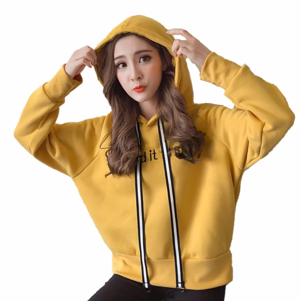 Letter Harajuku Casual Coat Hat 2018 Winter Fleece Yellow Pullover Thick Loose Women Hoodies Sweatshirt Female T | Женская одежда