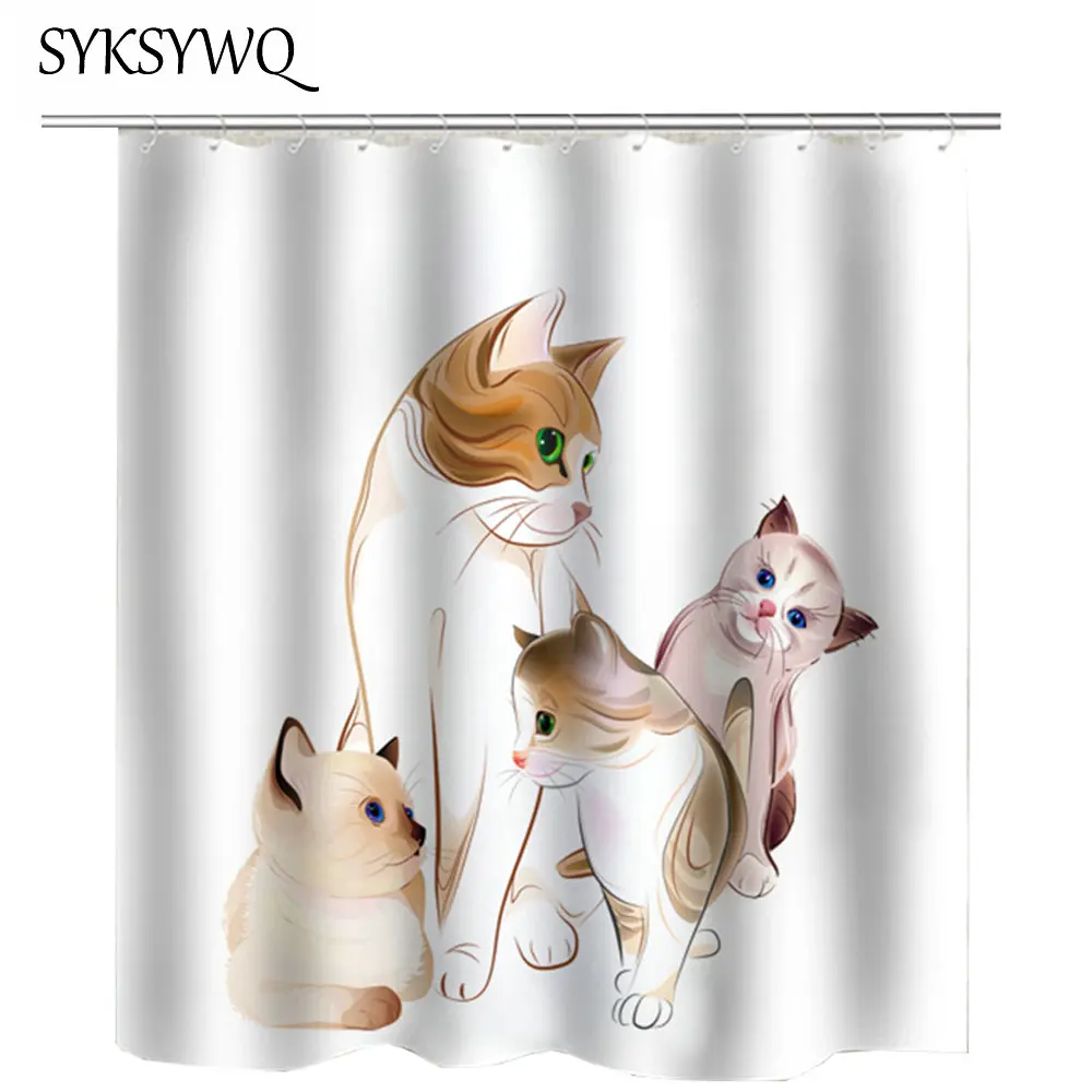 Cat Shower Curtain Bathroom Waterproof Fabric Poyester Bath Cute Pet Door | Дом и сад