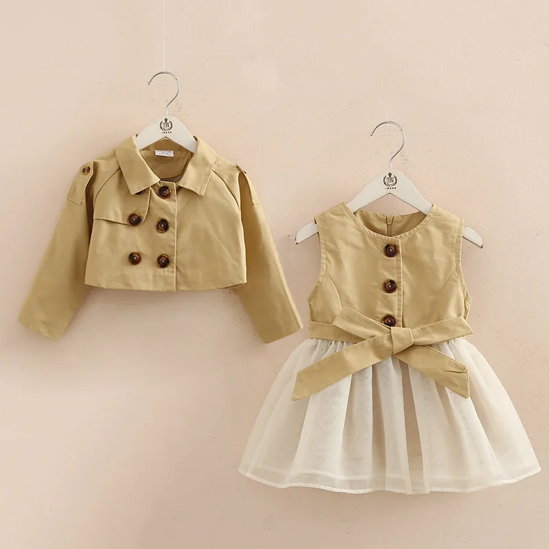 

2021 New Autumn Fashion 3 4 6-10 Years Long Sleeve Coat+Vest Mesh Dresses Button Bow Design For Kids Baby Girls Dress 2 Pcs Set