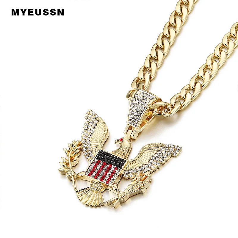 Bald Eagle badge necklace&Pendant Charm Animal Chain Necklace Gold color Iced Out Crystal Cuban chain Men Hip Hop Jewelry gift