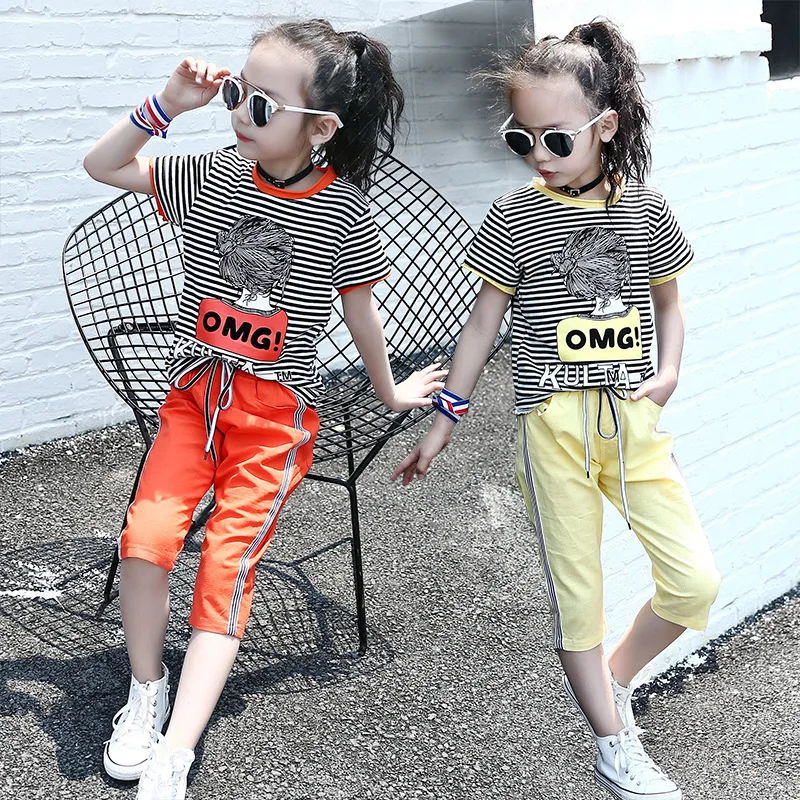 

Children Outfits for Girls Stripe O-neck Tops & Shorts Suits 2020 Kids Summer Clothing Sets for Girls Cotton T-shirts Pants Sets