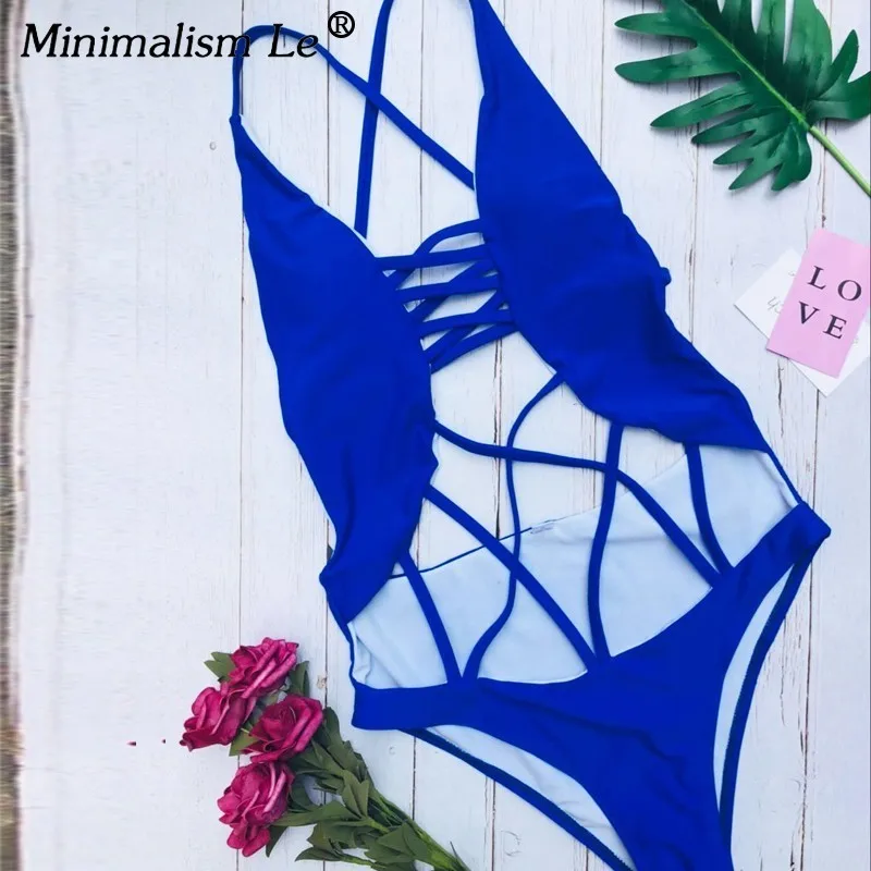 Minimalism Le 2018 Sexy Deep V One Piece Swimsuit Solid Bandage Bathing Suits Backless Women Swimwear Hollow Maillot Bikinis | Спорт и