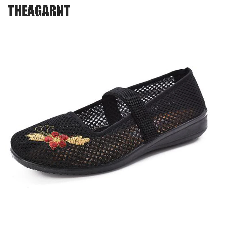 

THEAGRANT 2022 Mesh Women Flats Summer Embroider Cut Out Mary Janes Breathable Casual Lady Mom Work Shoes Plus Size WFS3005