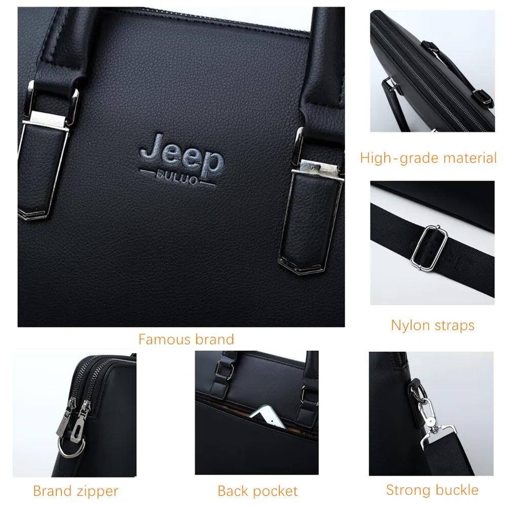 Мужской брендовый кожаный портфель jeep buluo черный для документов офисная сумка