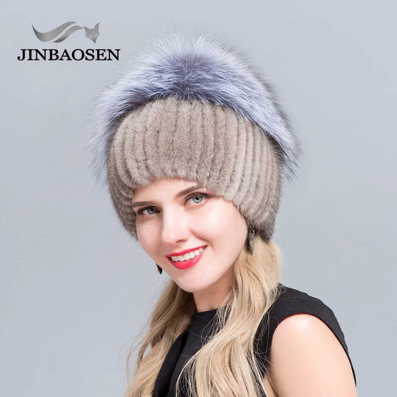 COLOR6 JINBAOSEN, женская зимняя шапка из меха норки, натуральный мех серебристой лисы, Теплая Лыжная шапка из натурального меха, вязаная меховая шапка, брендовая, модная, русский стиль - Цвет: COLOR6
