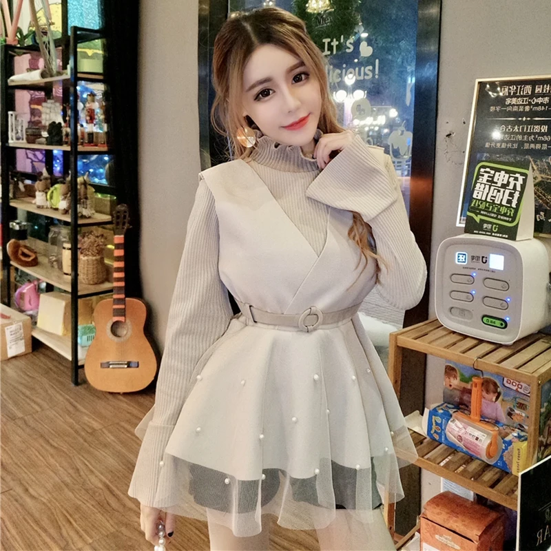 Женское офисное платье с бисером Осеннее шерстяное платье-свитер высоким