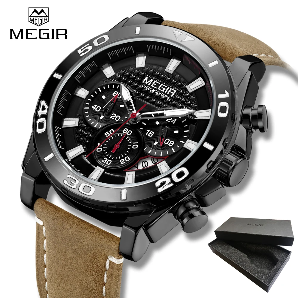 

Top Brand MEGIR Quartz Men Watches Leather Strap Chronograph Sport Wrist Watch Men Clock Relogio Masculino Reloj Hombre Gift box