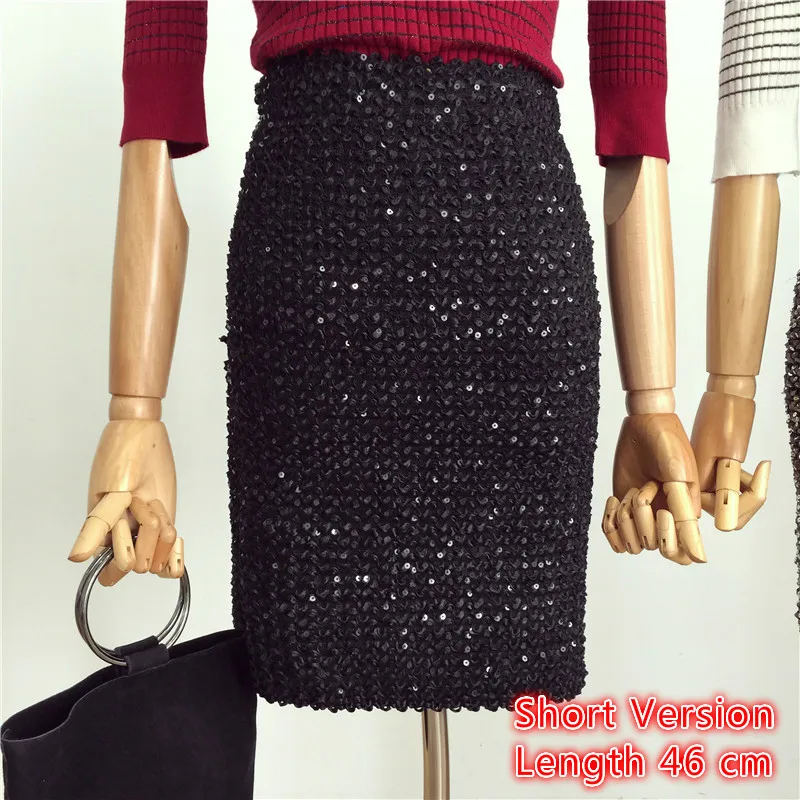 black short Женские юбки, юбка с золотыми блестками, облегающая юбка-карандаш, юбка миди с запахом для офиса, для девушек, для вечеринки, Saia - Цвет: black short