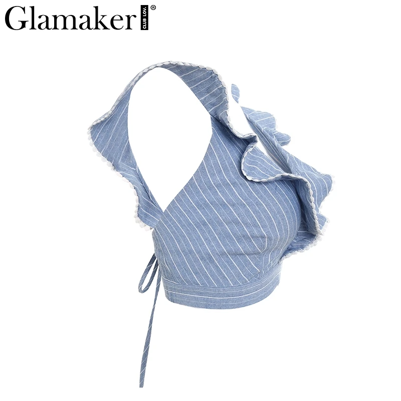 Glamaker, элегантный топ на бретелях в полоску с рюшами, сексуальный топ с v-образным вырезом на спине, летний укороченный топ на бретельках, Женский Повседневный Топ на шнуровке, блузка на бретельках
