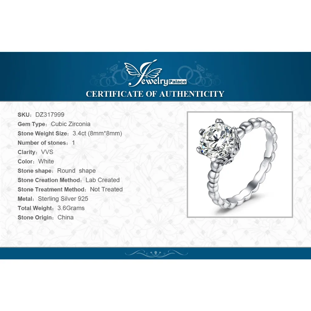 JewelryPalace 925 Sterling Silver Beaded Band 3.4ct Cubic Zirconia Solitaire Engagement Ring New Hot Sale For Women As Gifts | Украшения и