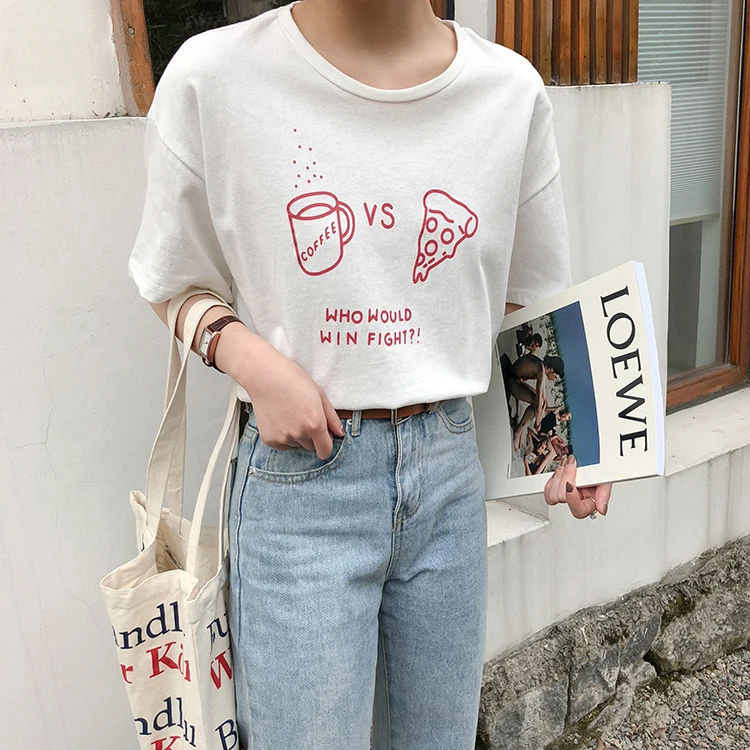 Для женщин футболки топы Япония Kawaii дамы Ретро Простой Кофе Pizza Print хлопковая