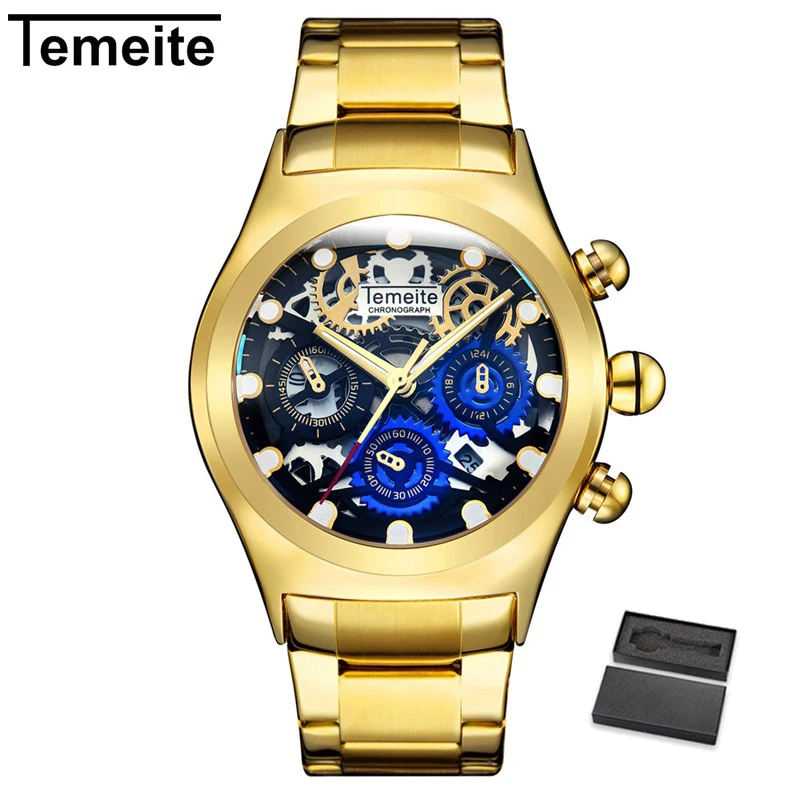 TEMEITE 8 with box Relogio TEMEITE Мужские часы Роскошные модные золотые кварцевые часы бизнес полностью Стальные наручные часы водонепроницаемые мужские часы - Цвет: TEMEITE 8 with box