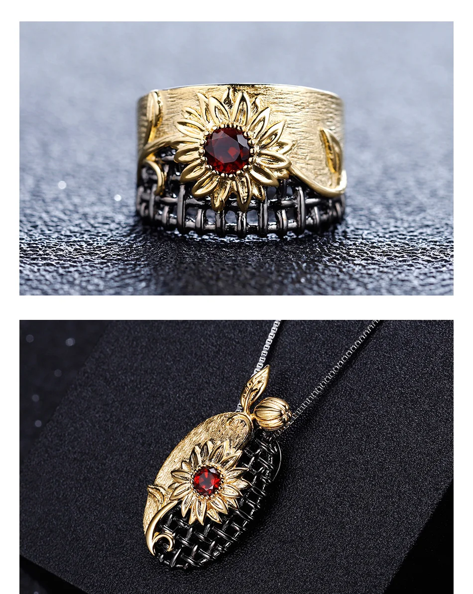 GEM'S балетный 925 пробы, серебряный, винтажный, подсолнечник, ювелирный набор, 1.07Ct, натуральный красный гранат, кольцо, серьги, кулон, наборы для женщин