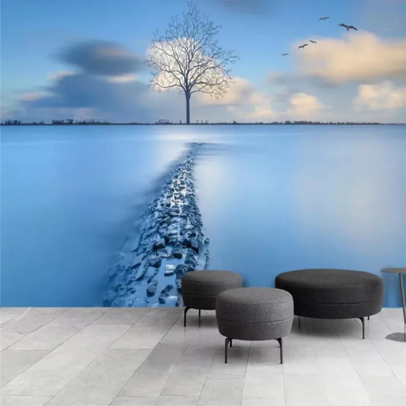 

Custom wallpaper blue sky white clouds sea reef TV background wall decoration - high-grade waterproof material