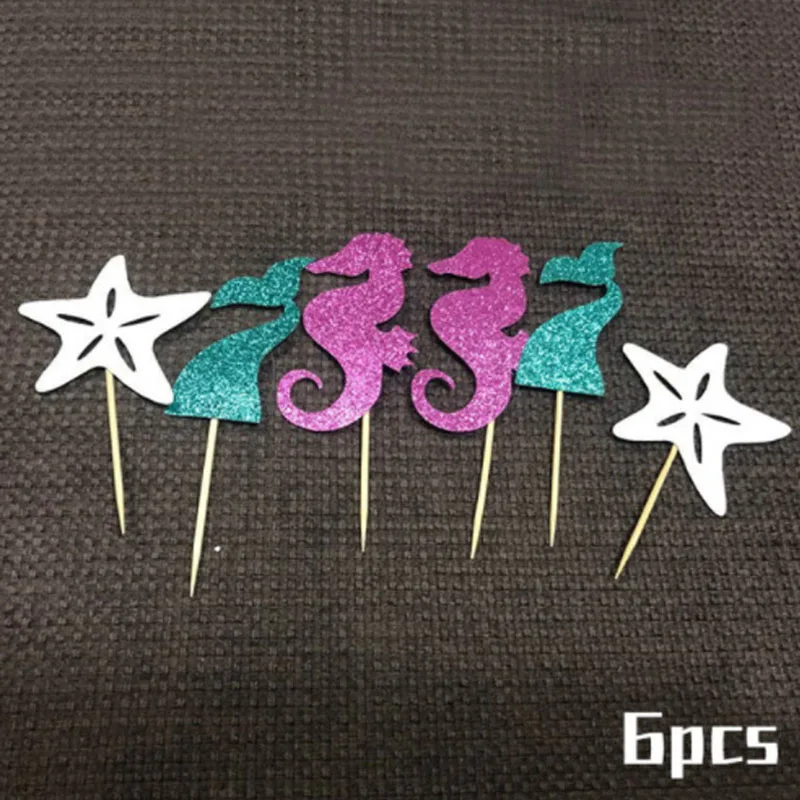 6pcs cake toppers WEIGAO блестящая гирлянда русалки, баннеры для вечеринки в честь Дня Рождения, вечерние украшения для детей - Цвет: 6pcs cake toppers