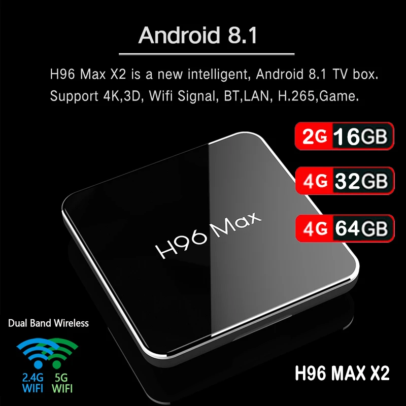 ТВ приставка H96 MAX X2 Android 8 1 2G/4G ram 16G/32G/64G Amlogic S905X2 quad core 1080P H.265 4K HD Netflix Youtube